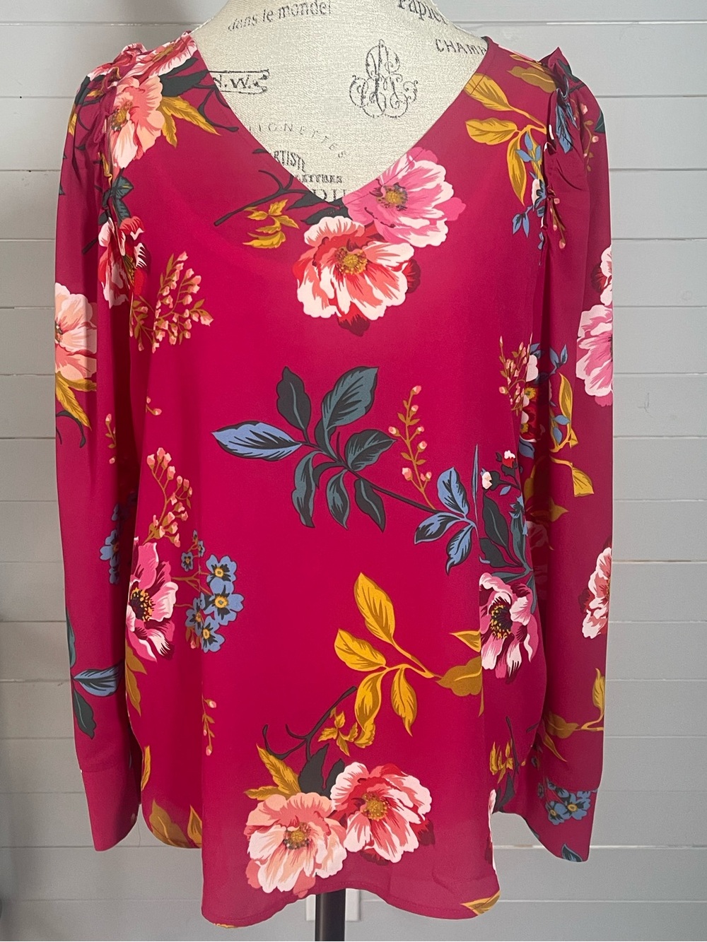 LOFT Magenta Floral V-Neck Long Sleeve Blouse